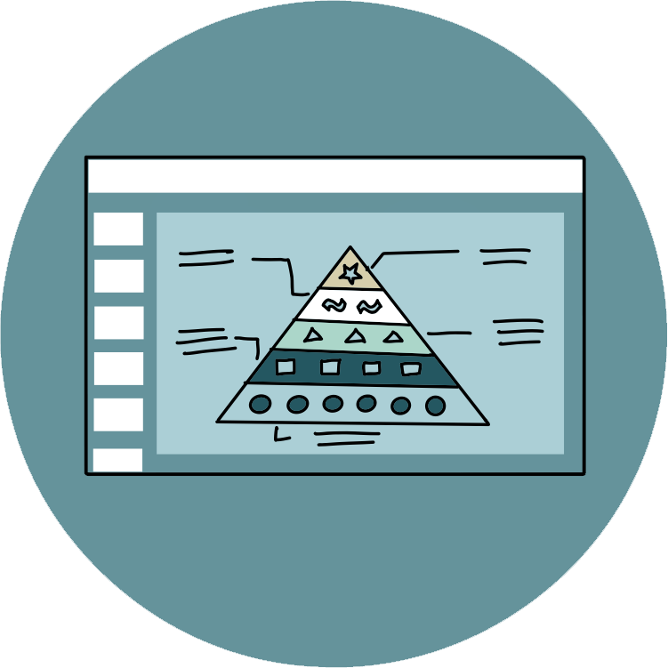 A digital illustration of a presentation slide with a pyramid diagram, labeled with four sections, each with icons and lines connecting to descriptive text.
