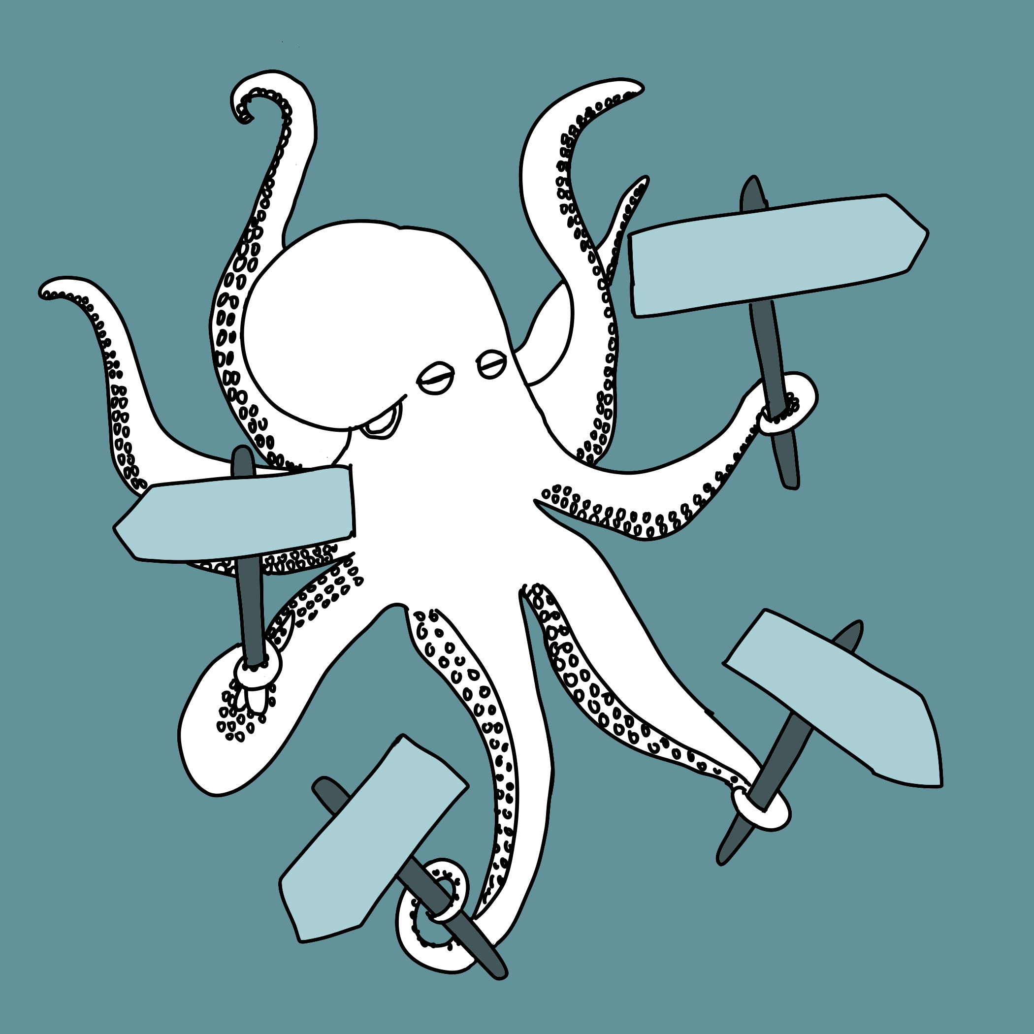 Drawing of an octopus with a white body and black outlines. The octopus has eight tentacles, some of which are holding a menu and a fork. The background is a solid teal color.