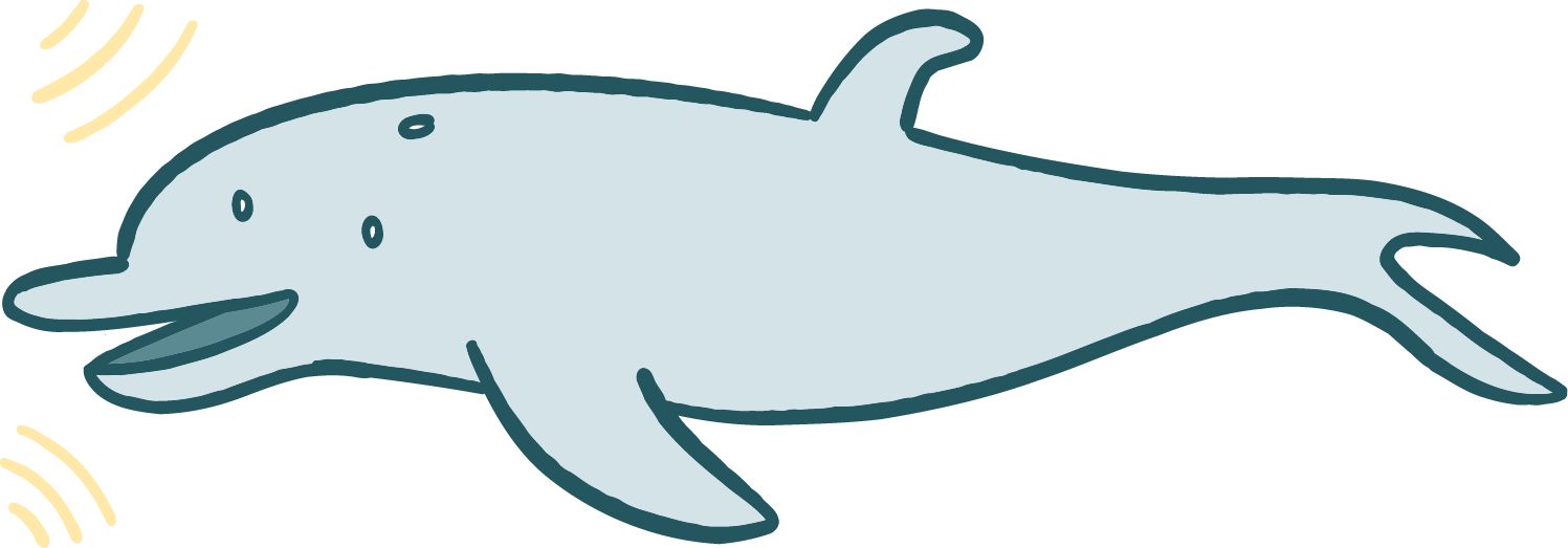 Illustration of a smiling dolphin swimming with sound waves.