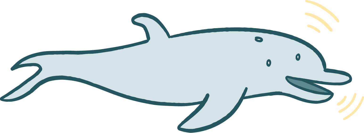 Cartoon dolphin swimming with sound waves.