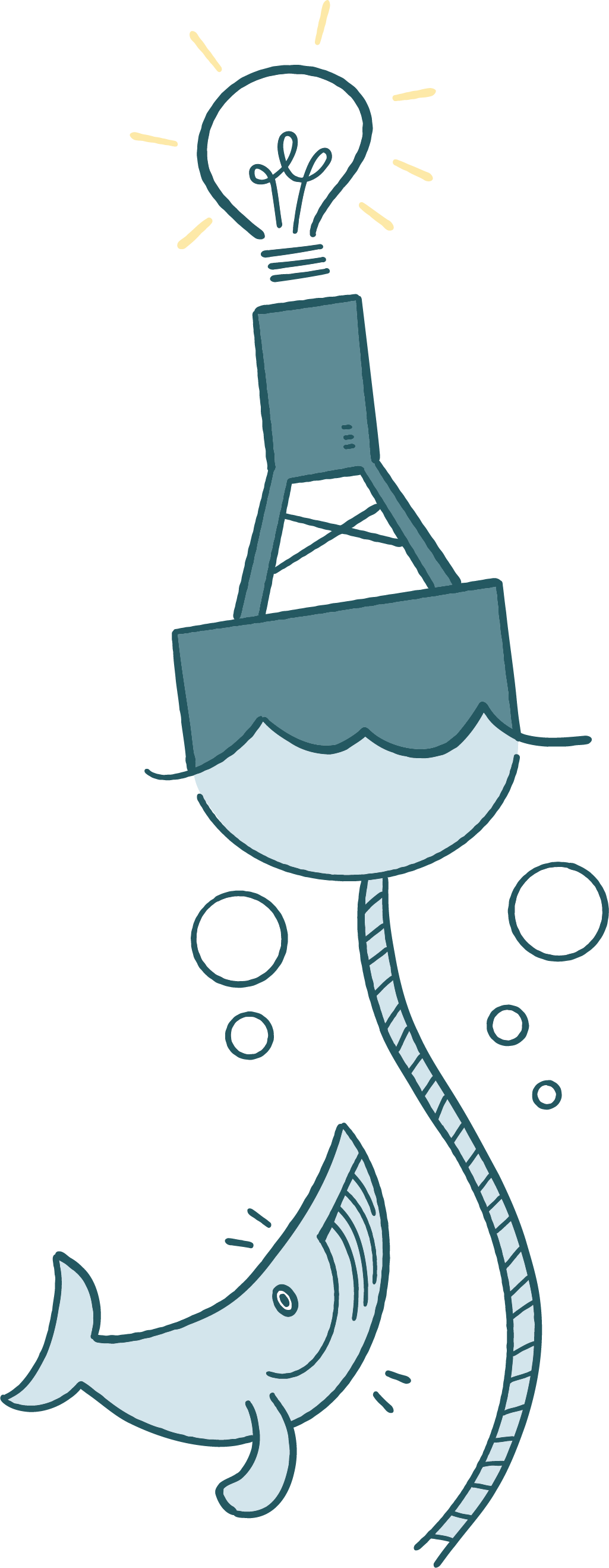 A fishing hook with a shark attached, depicted as a cartoon with a lightbulb above the hook, suggesting an idea.