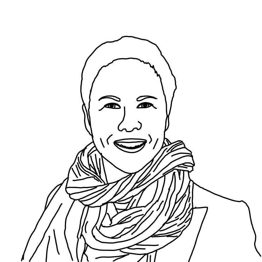 Black and white line drawing of a smiling woman wearing a scarf.