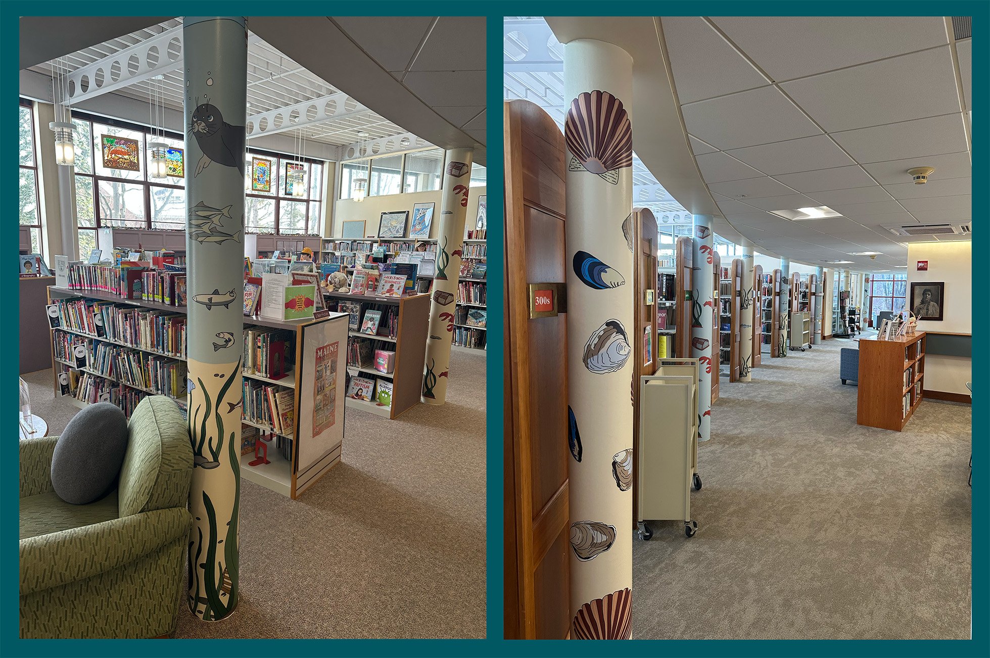 Interior of a library with bookshelves, seating area, and decorative support columns featuring marine life illustrations, including fish, shells, and seaweed, with large windows and colorful stained glass artwork.