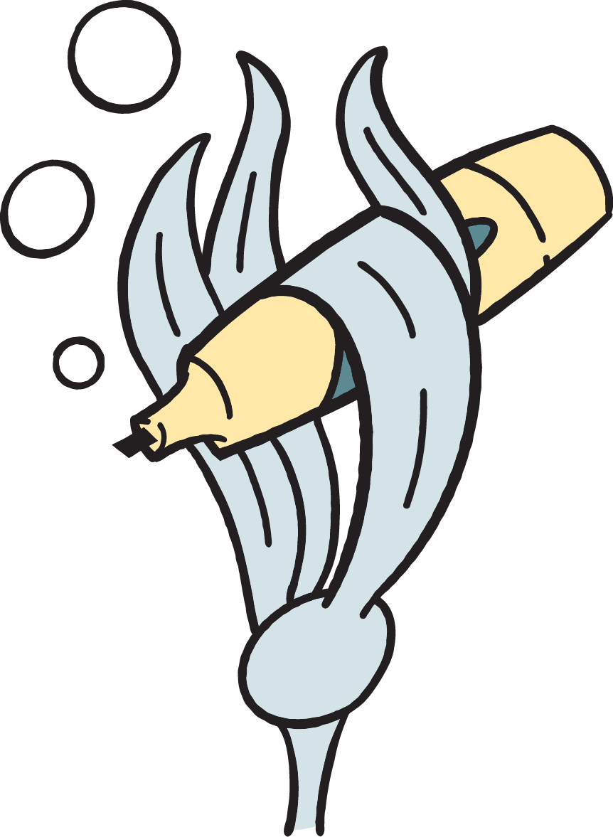 A cartoon illustration of a syringe with a blue liquid being injected into a person's arm.