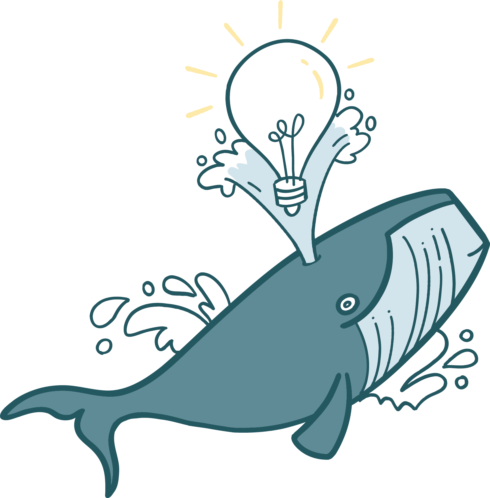 Illustration of a fish leaping out of the water with a lightbulb above its head, symbolizing an idea or inspiration.