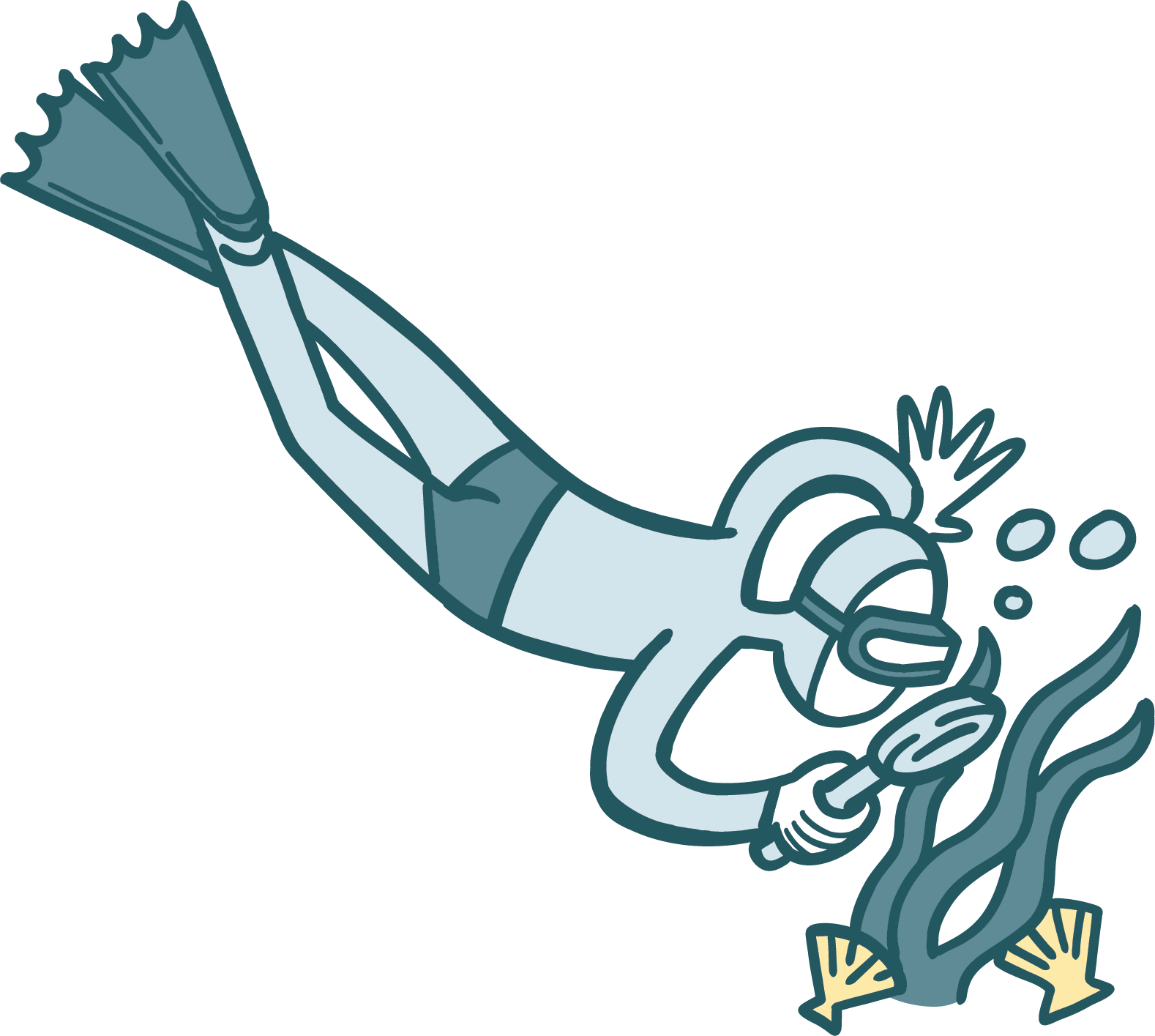A cartoon illustration of a scuba diver underwater, wearing a diving mask, snorkel, fins, and wetsuit, swimming near a coral reef.