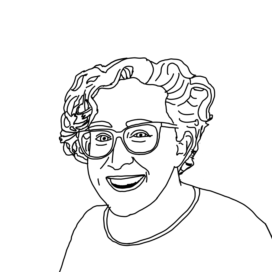 Line drawing of a smiling woman with curly hair and glasses.