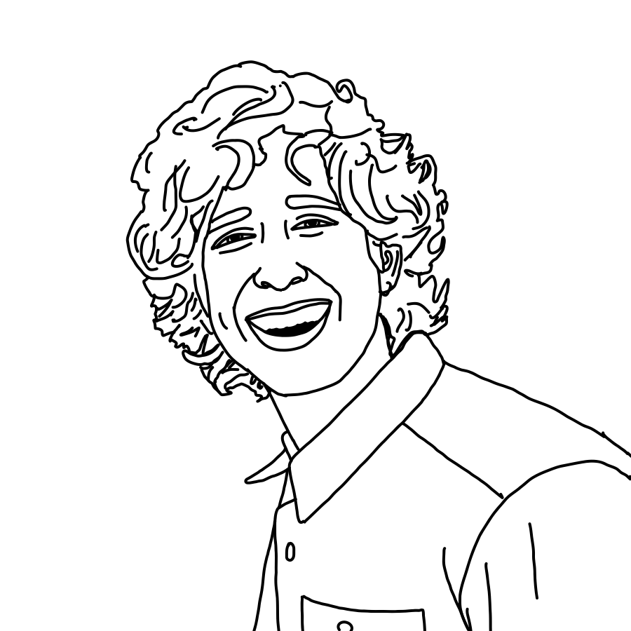 Line drawing of a smiling person with wavy hair wearing a collared shirt.