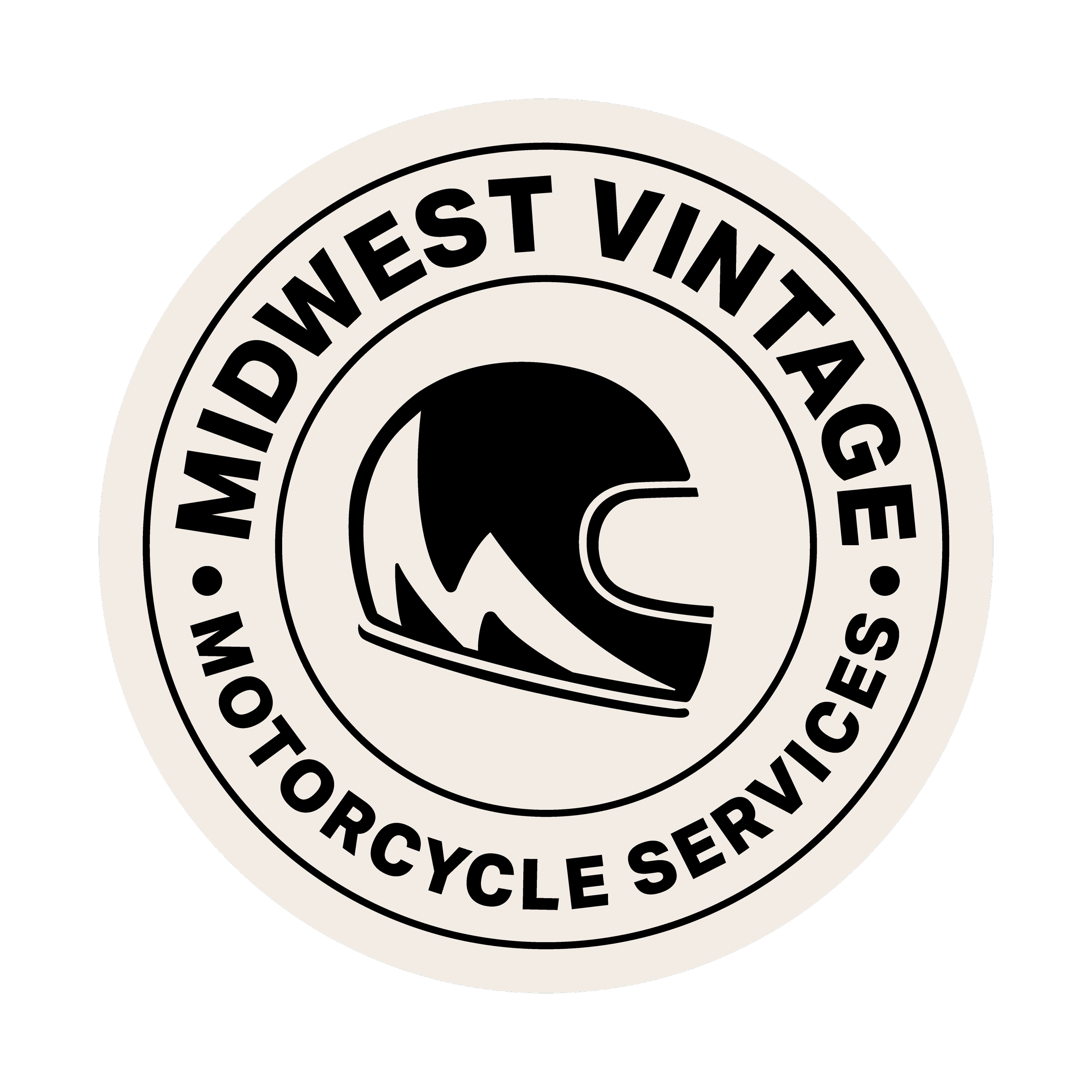 Midwest Vintage Motorcycle Service logo featuring a vintage motorcycle helmet illustration.