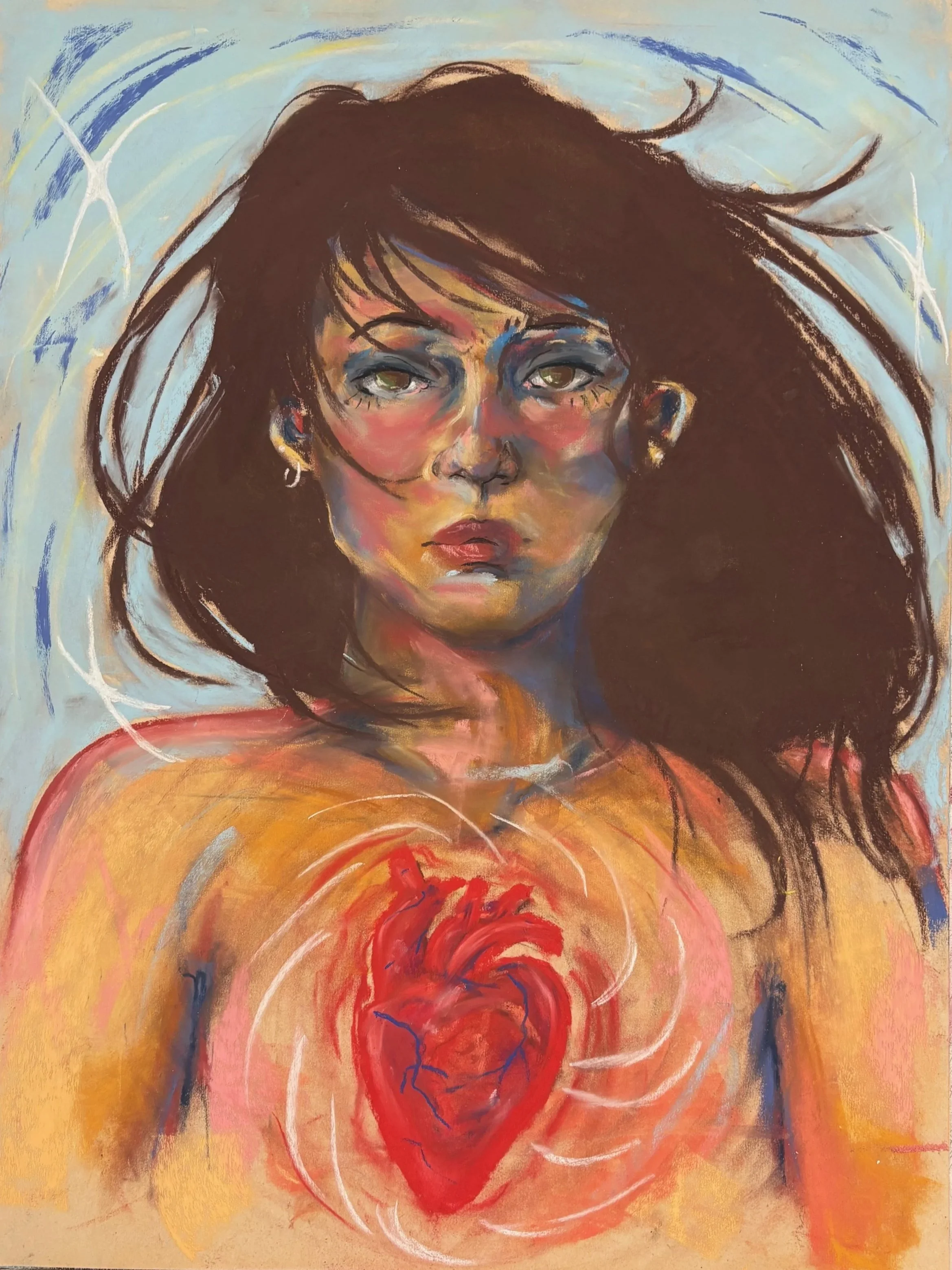 Fire heart girl, 12x18 oil pastel on toned paper