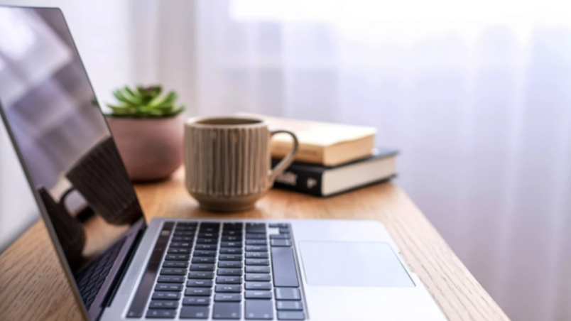 A wooden desk with a laptop, a potted plant, a coffee mug, and a stack of books near a window with curtains.