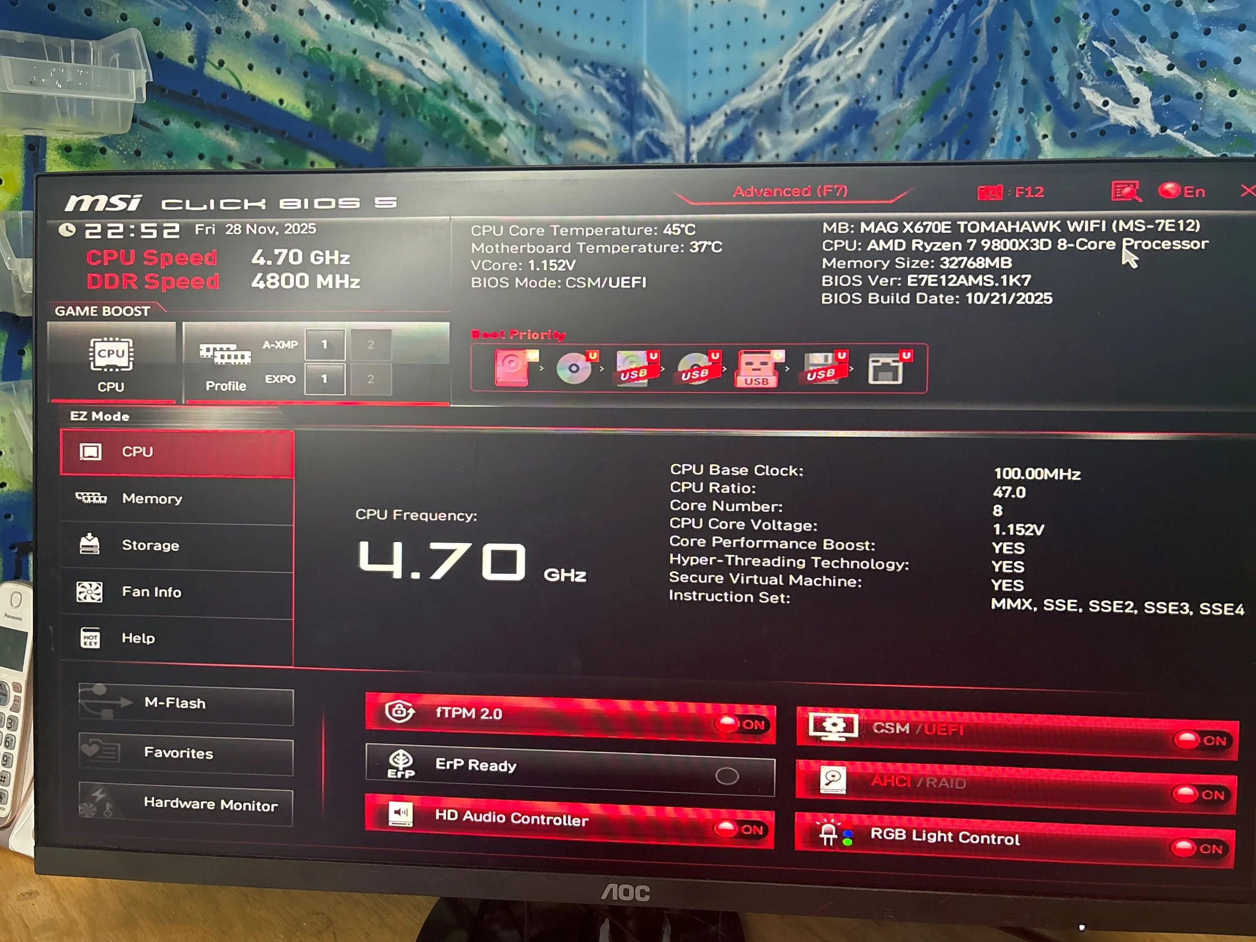 BIOS settings screen from MSI motherboard showing system information, CPU details, and various hardware configurations, with a background of colorful abstract artwork.