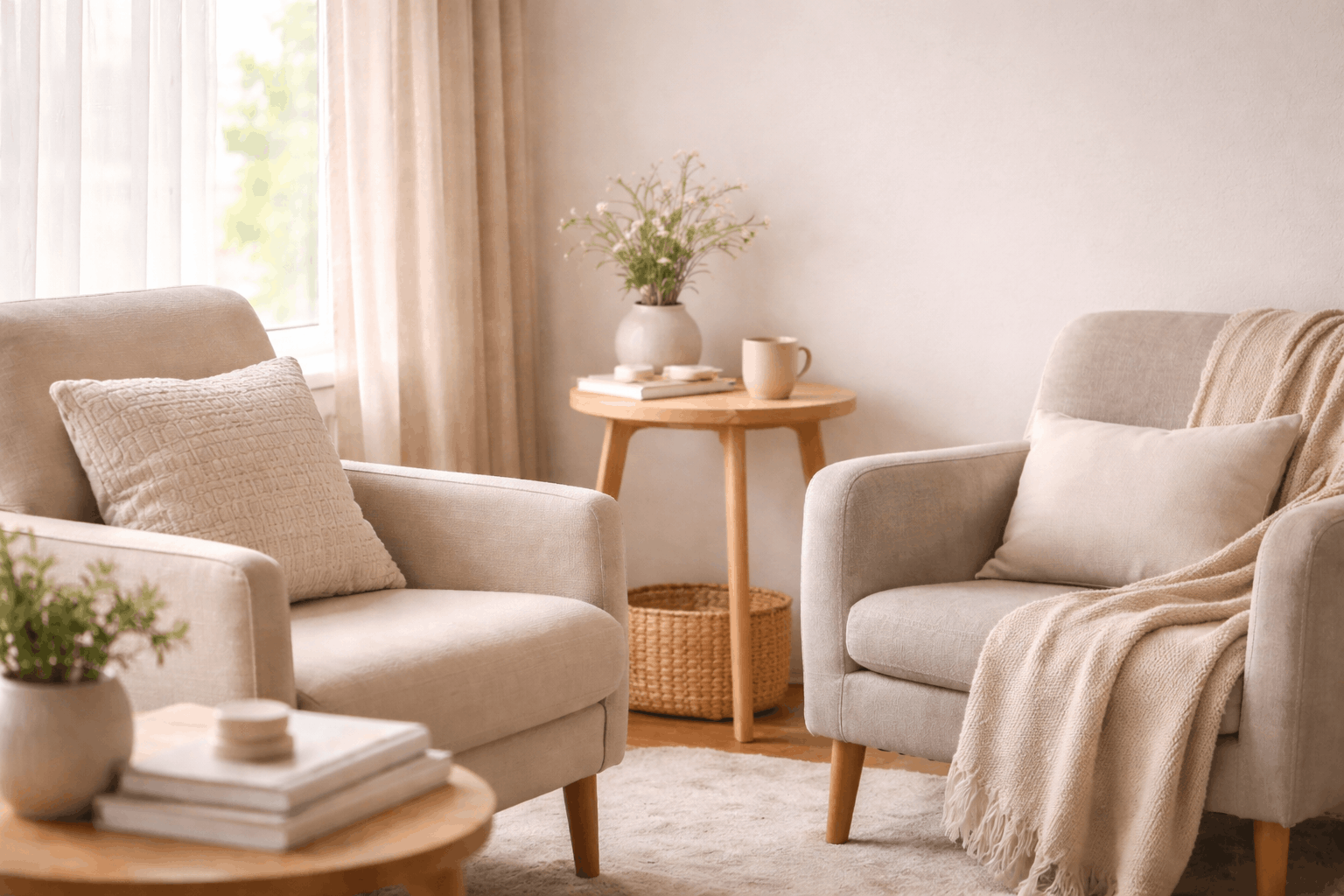 Gemütliches Wohnzimmer mit zwei beige Sessel, Kissen, Decke, einem runden Beistelltisch mit Büchern, Vase mit Blumen, Kerze, und einem Fenster mit Vorhängen im Hintergrund.