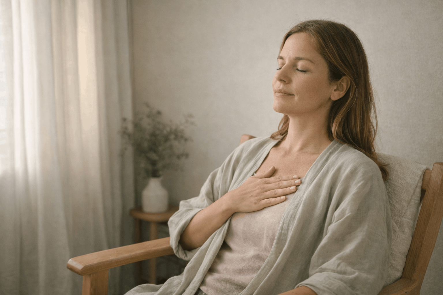 Eine Frau mit der Hand auf ihrem Herzen, erleichtert und zufrieden