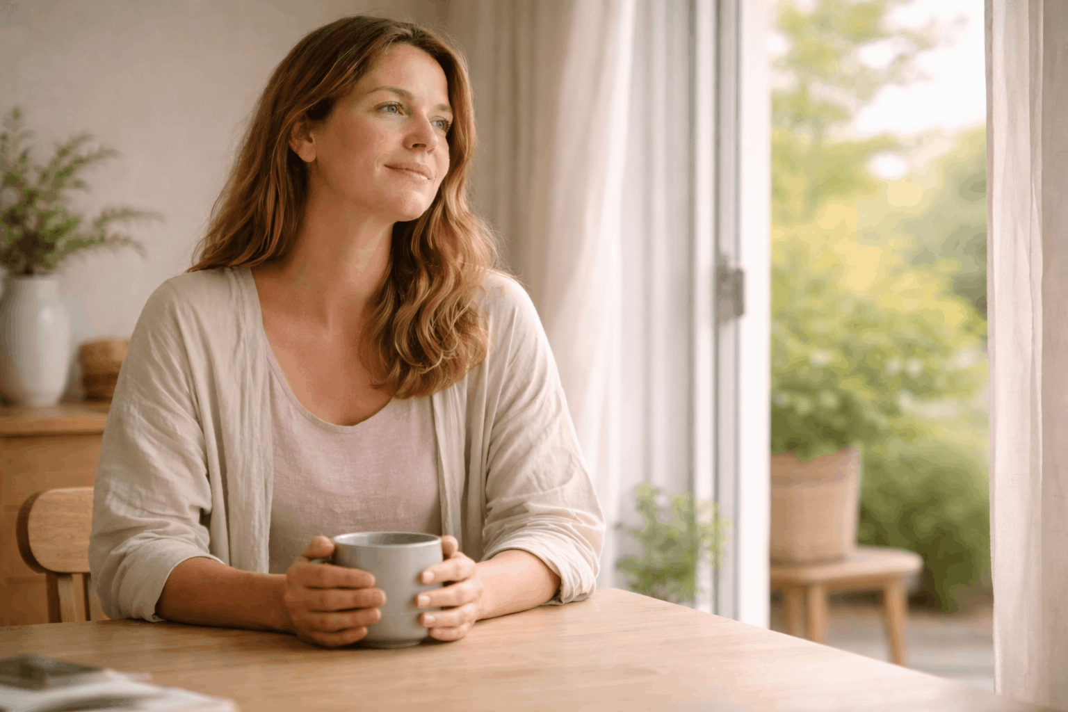 Eine Frau sitzt enstpannt am Tisch mit einer Tasse Tee