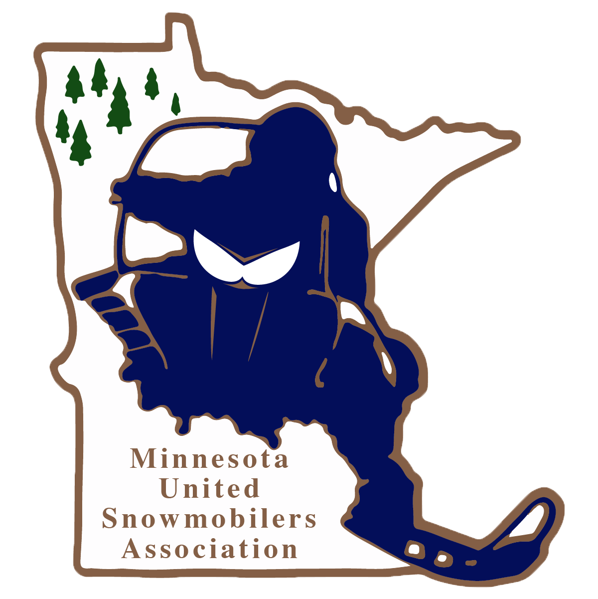 Logo of the Minnesota United Snowmobiles Association, featuring a stylized snowmobile rider on a map outline of Minnesota with pine trees in the background.
