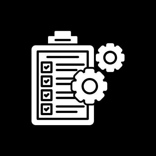 Icon of a clipboard with checkboxes and two gears, representing task management or planning.