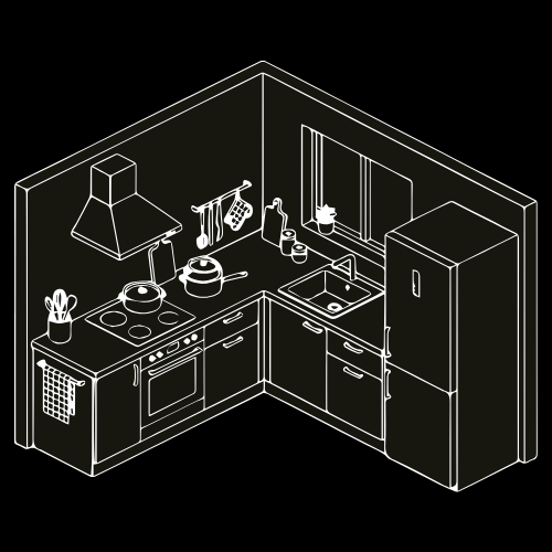 A black and white digital line drawing of a kitchen with an L-shaped layout, showing appliances, cabinets, a sink, window, refrigerator, and kitchen utensils.