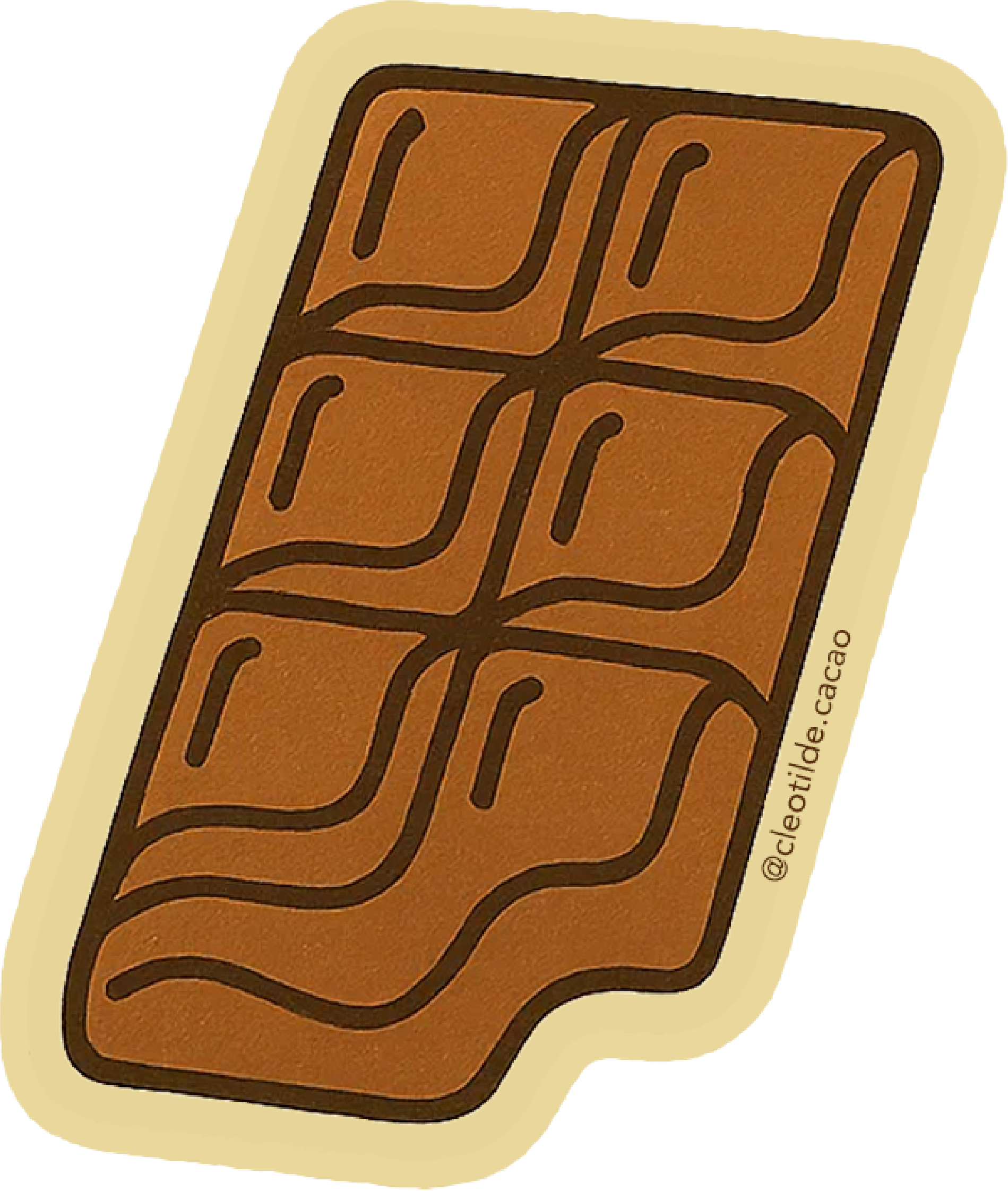 Drawing of a chocolate bar with wavy lines sectioning it into six parts, and the handle at the bottom. The handle has a signature '@celotilde.cacao' written beside it.