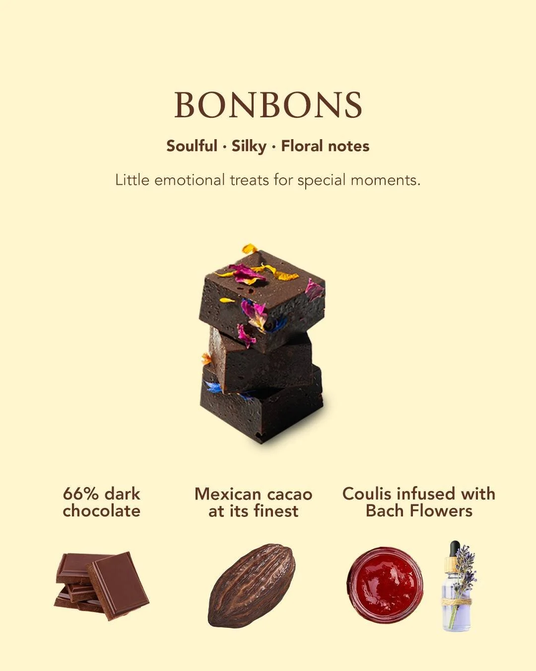 Image of a packaging label for bonbons with a stack of three dark chocolates decorated with colorful flower petals. Text indicates the bonbons are soulful, silky, floral, and for special moments. Ingredients include 66% dark chocolate, Mexican cacao,
