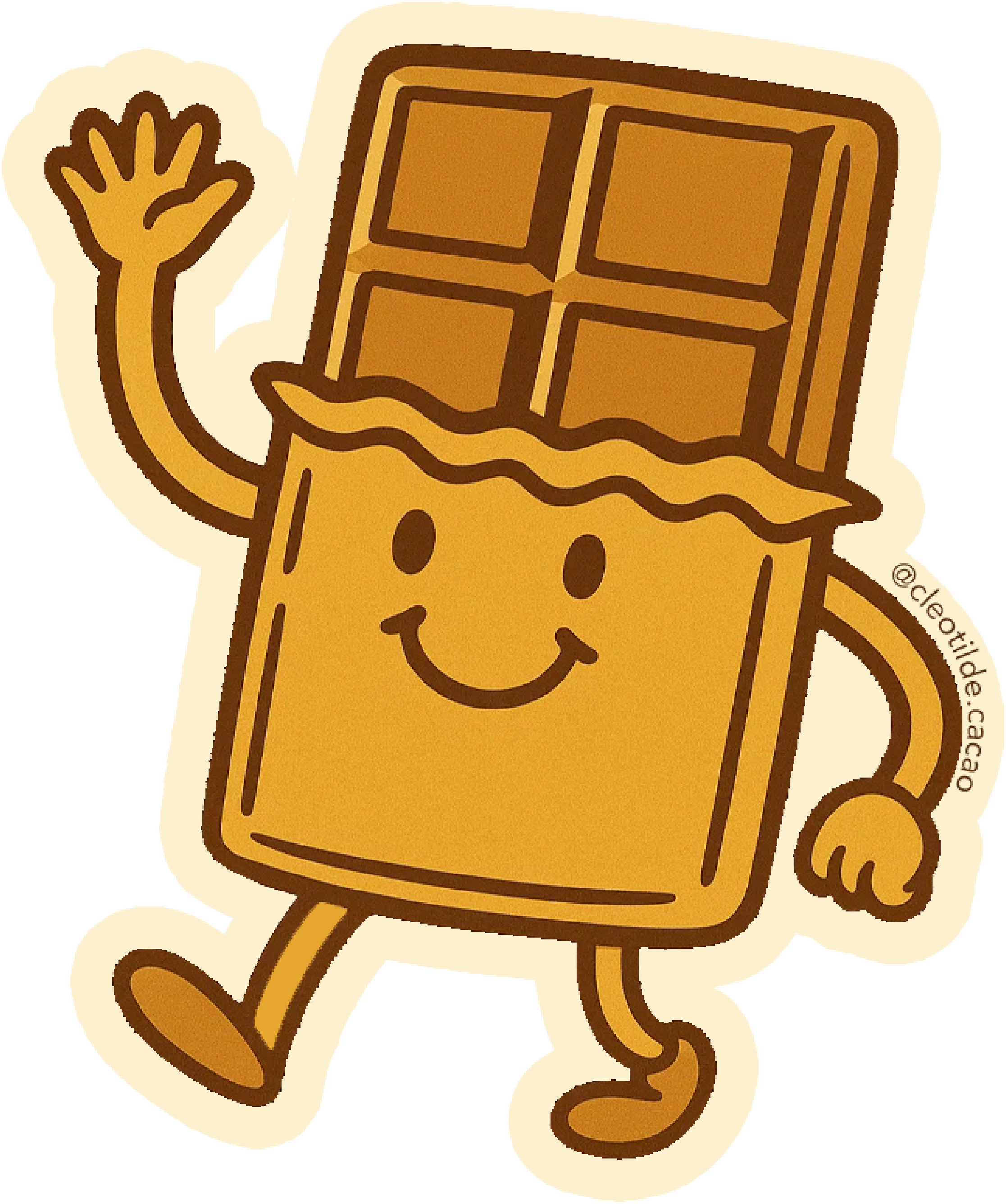 Cartoon personified chocolate bar with a smiling face, waving, and walking.