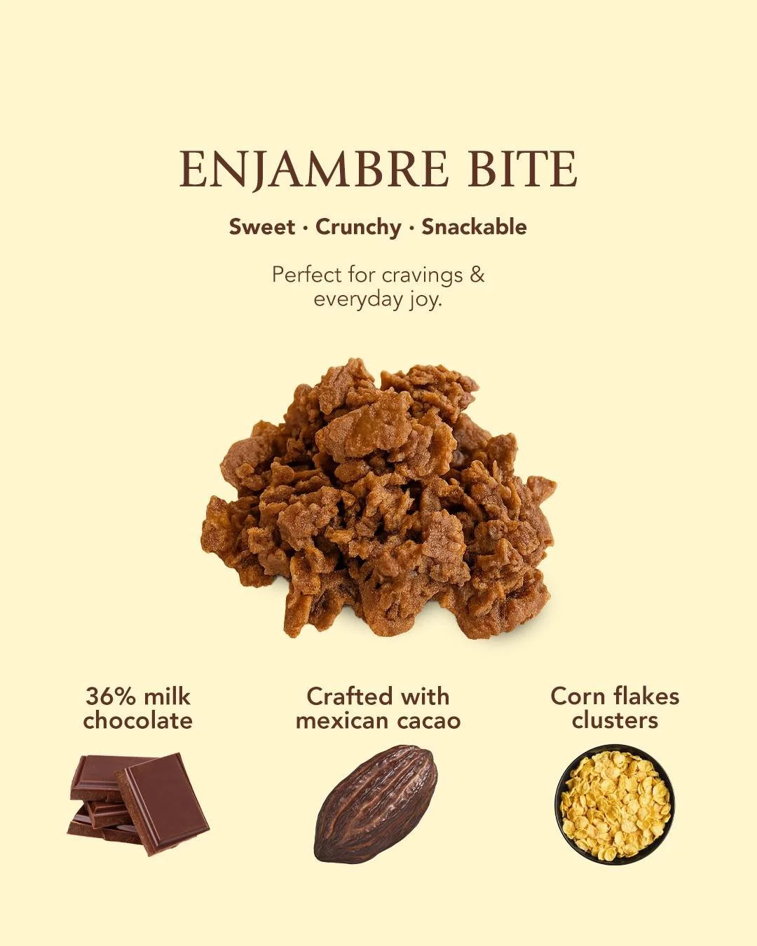 Product label for Enjambre Bite, showing a cluster of crunchy chocolate candy with milk chocolate, Mexican cacao, and corn flakes clusters, emphasizing it is sweet, crunchy, and snappable, and perfect for cravings and joy.