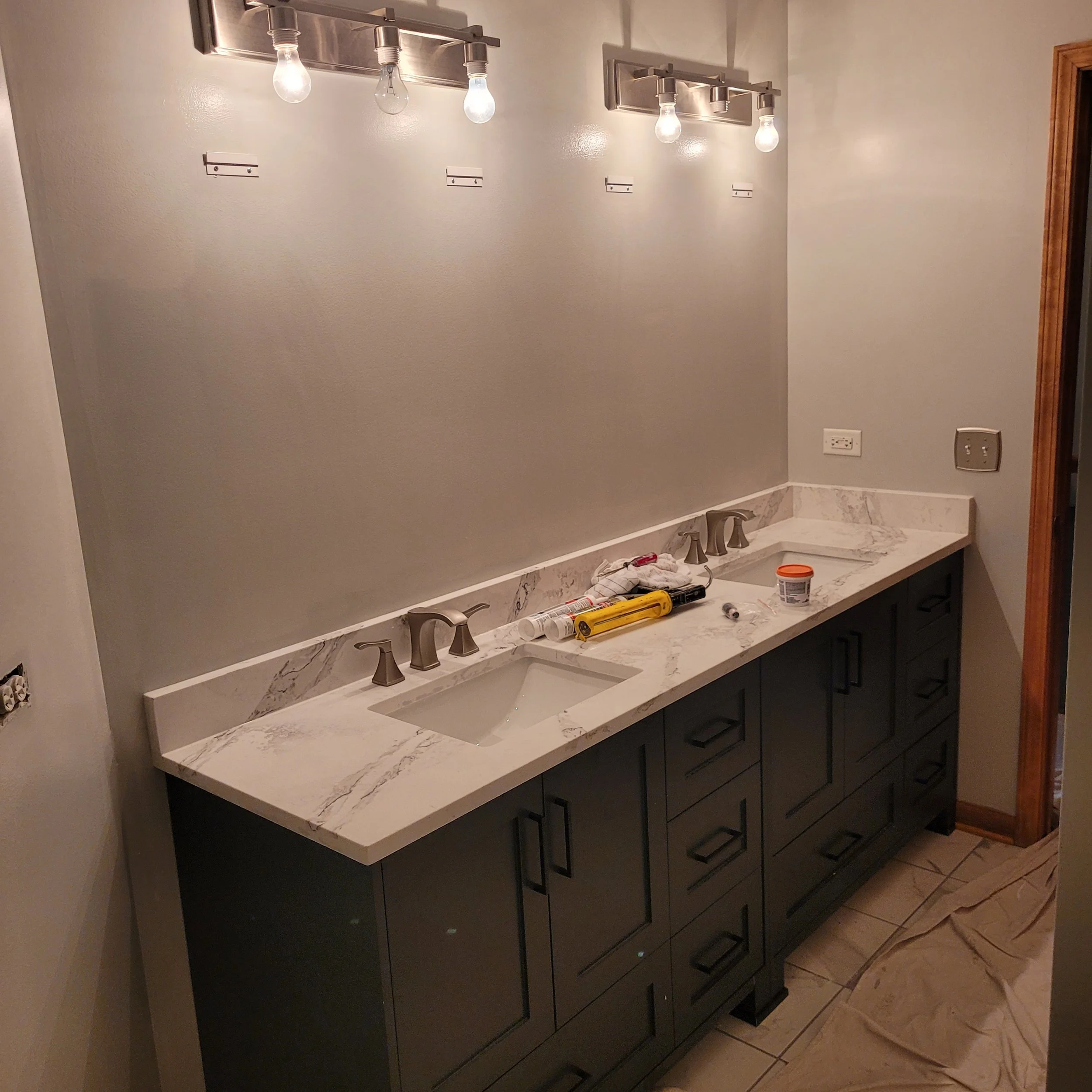 bathroom remodel in progress, long beautiful new vanity