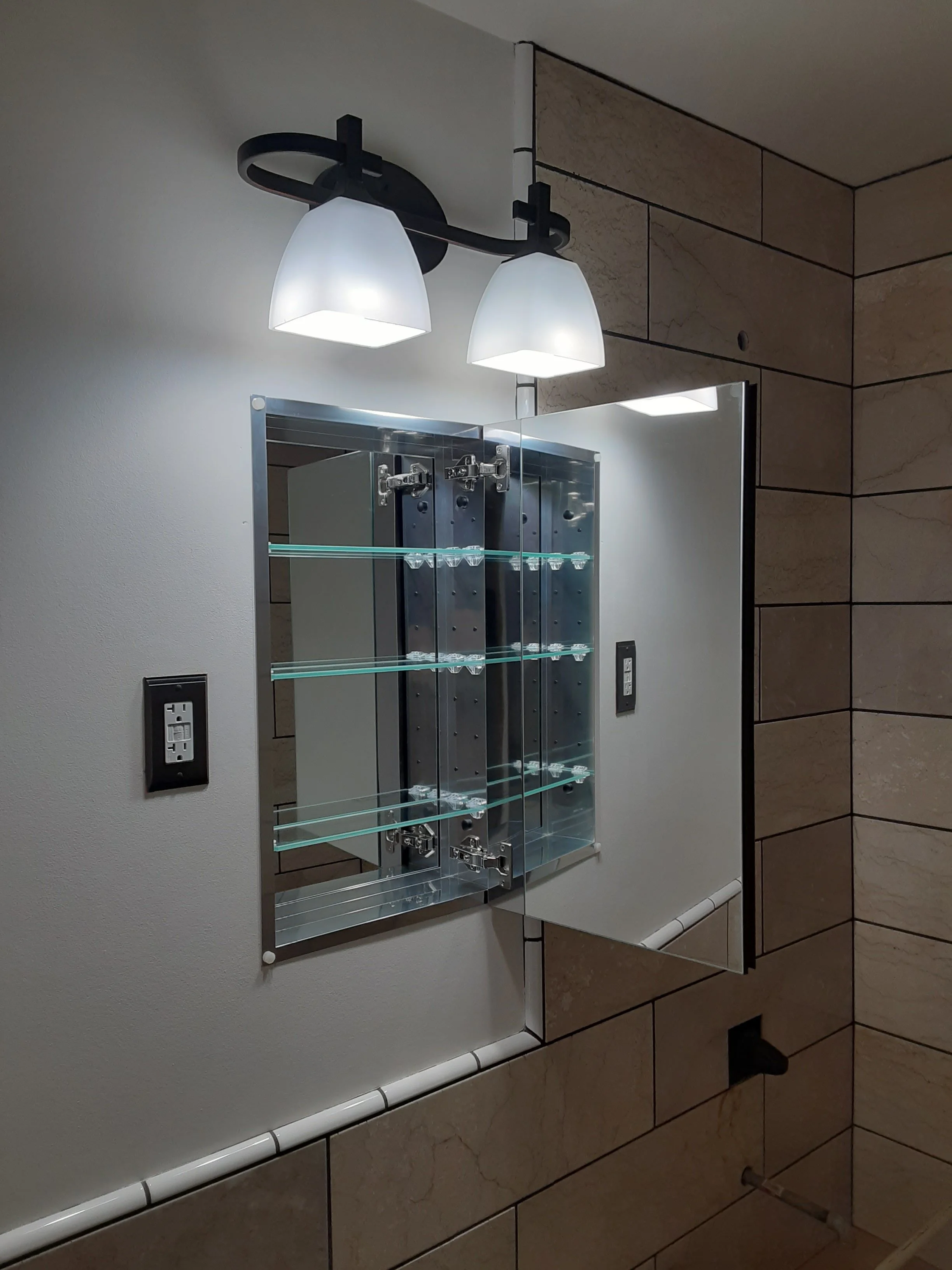 new bathroom vanity and mirror, bright room, with modern touch