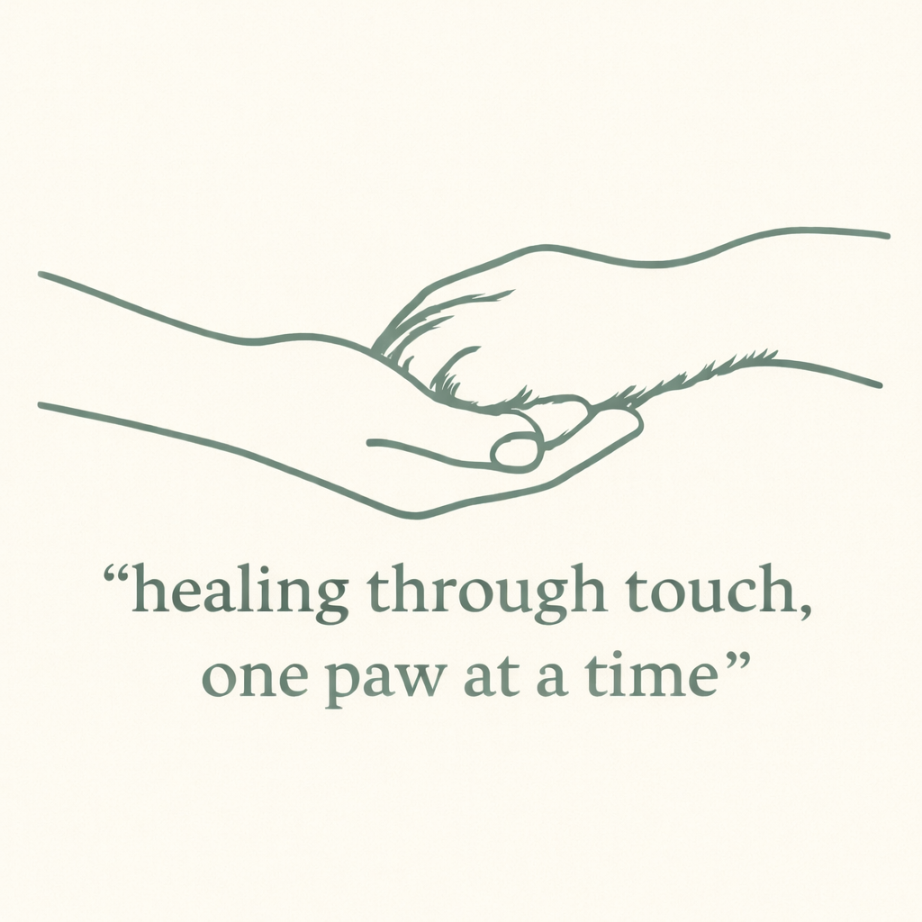 Line drawing of two paws touching, with the quote 'healing through touch, one paw at a time' below