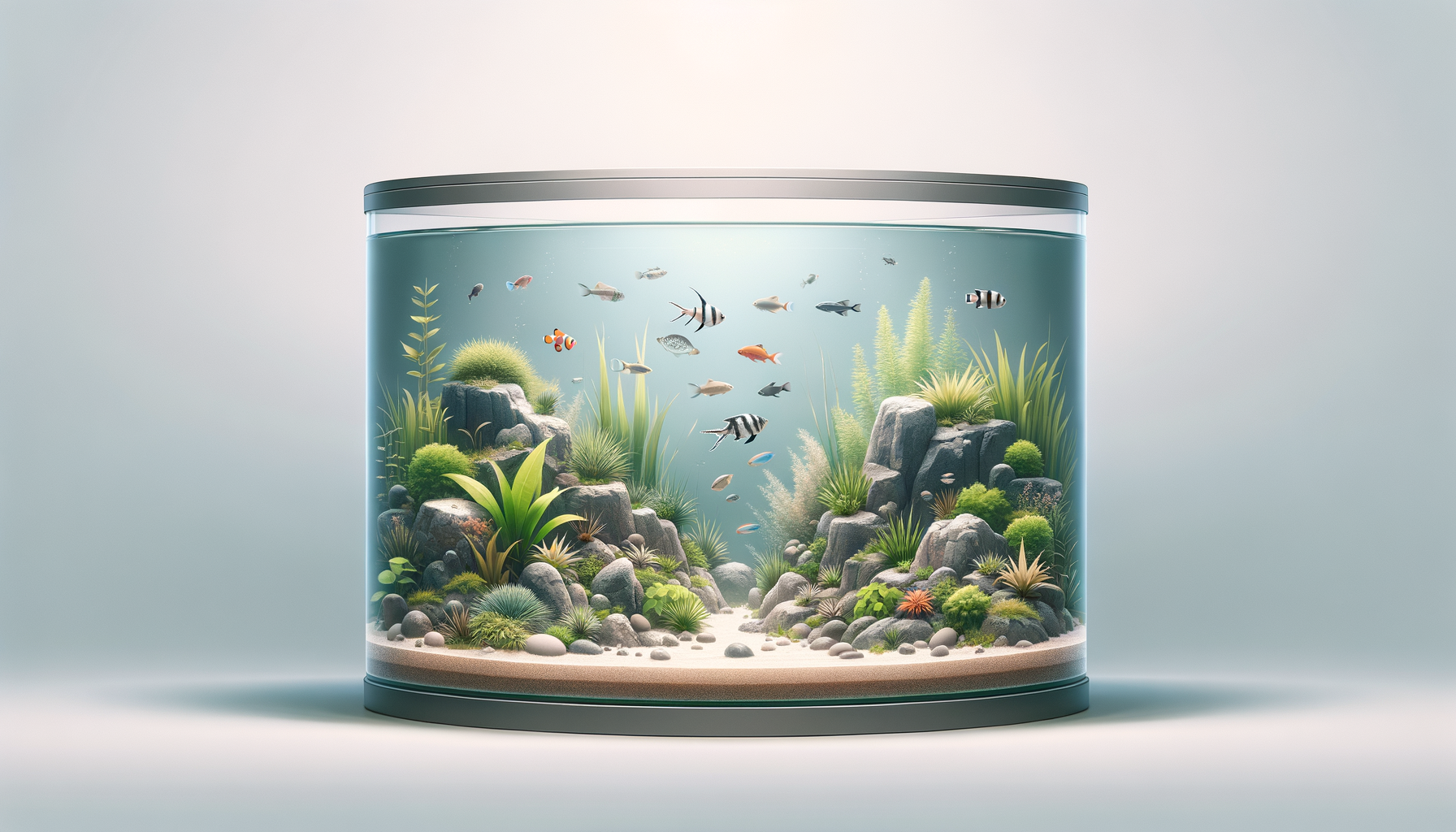 A cylindrical aquarium filled with water, containing various colorful fish, rocks, and aquatic plants.