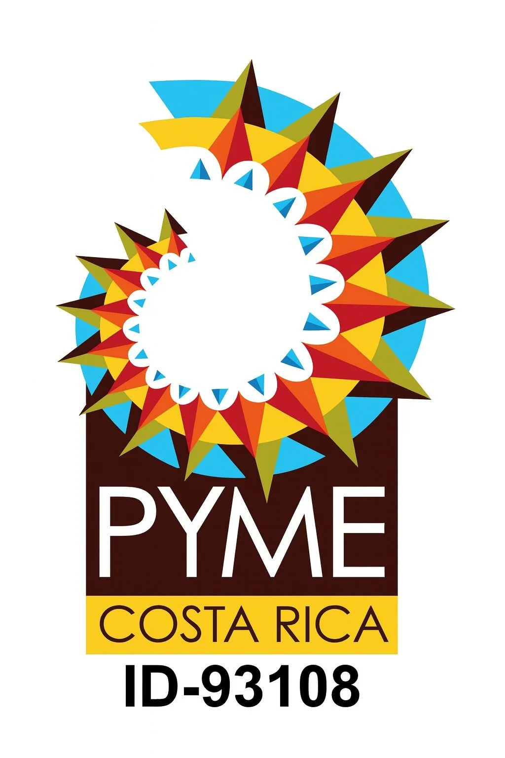 Identificador de una empresa pyme en Costa Rica con un diseño colorido y geométrico de un círculo con picos multicolores, el texto 'PYME', 'Costa Rica' y un código 'ID-93108'.