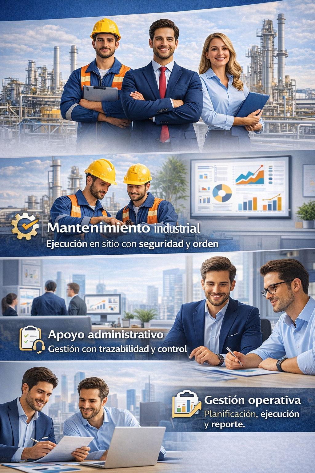 Hombres y mujeres en diferentes entornos industriales y de oficina, participando en actividades relacionadas con mantenimiento, apoyo administrativo y gestión operativa, en un entorno corporativo con gráficos y maquinaria industrial de fondo.