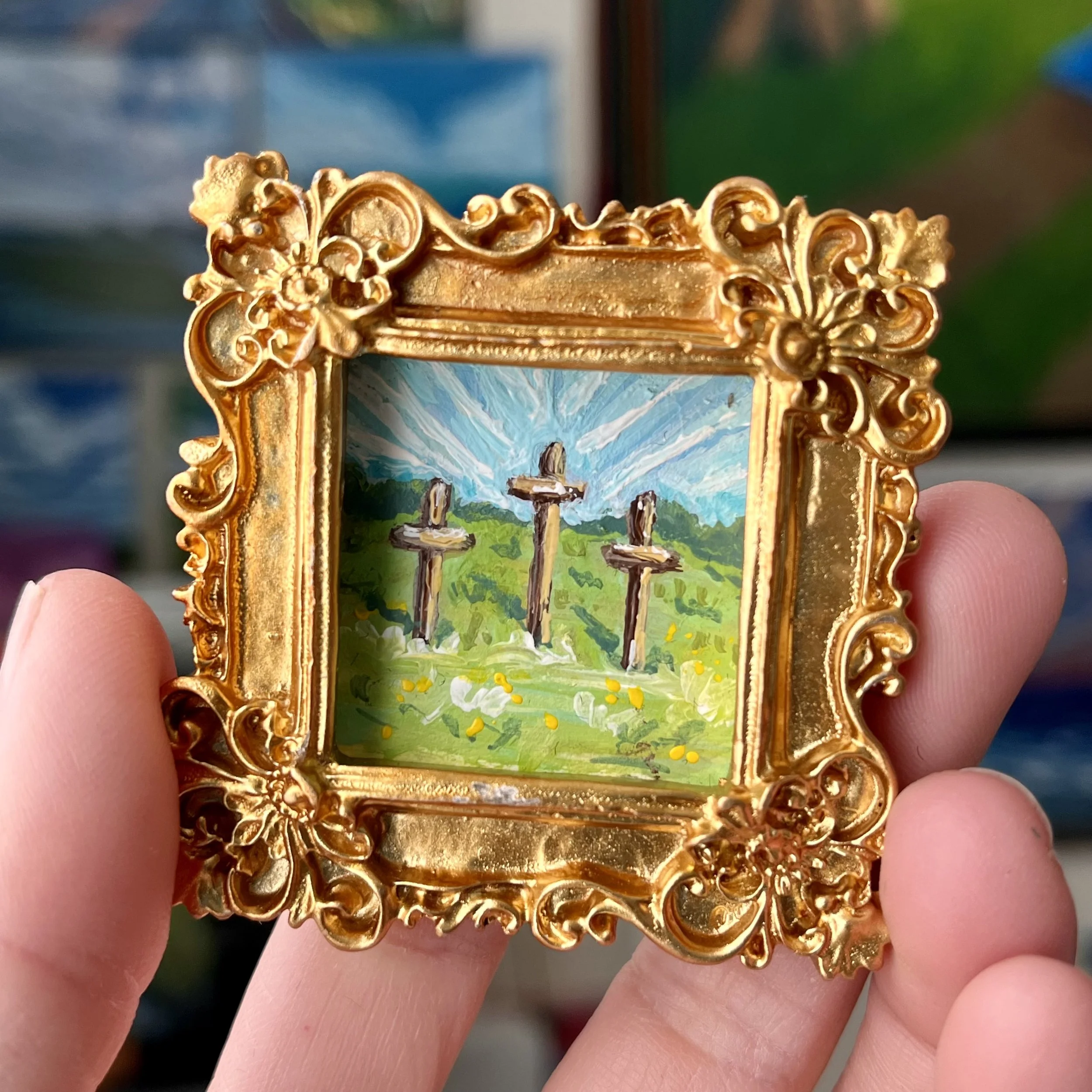 3 Wooden Crosses Field Mini Framed Art Magnet