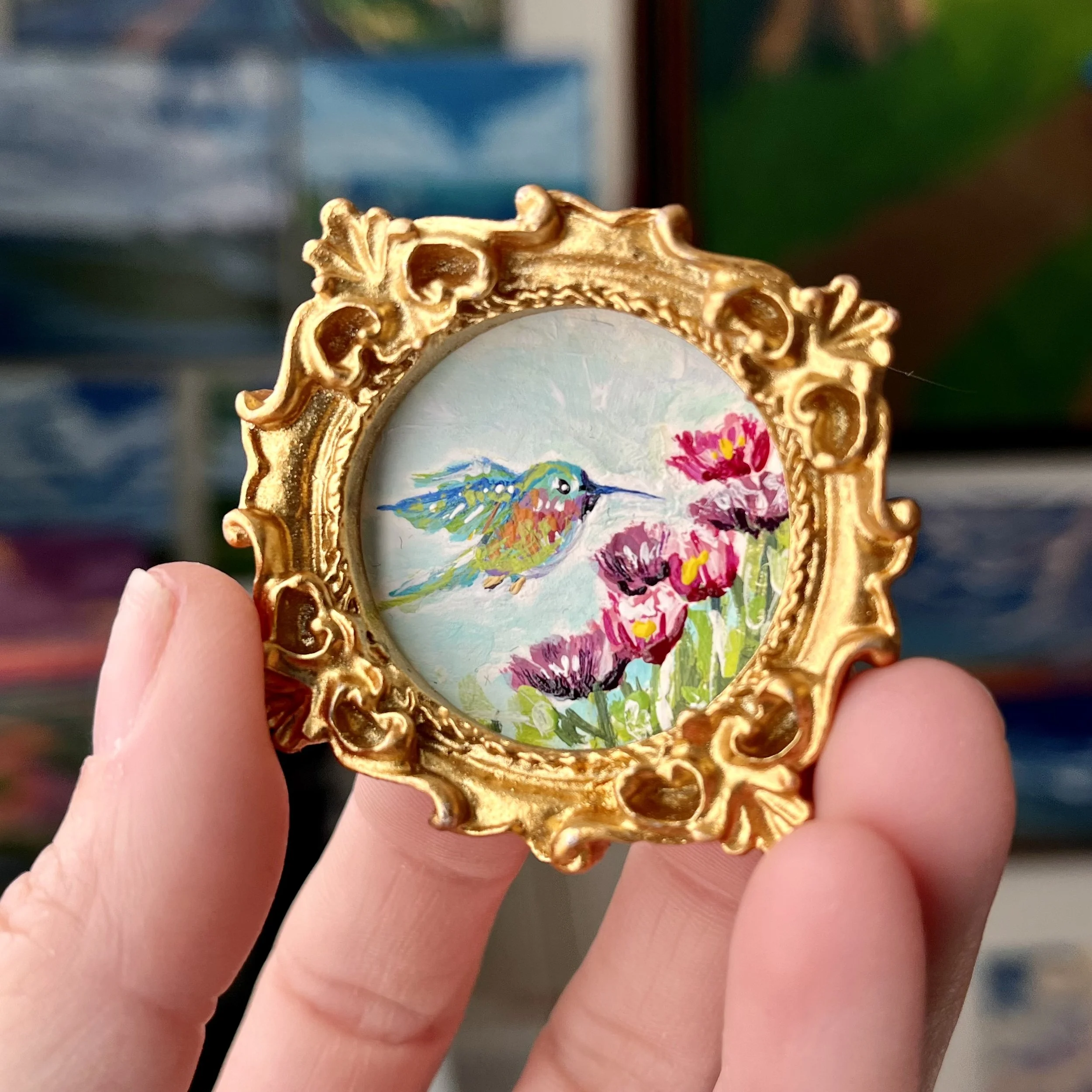 Hummingbird with Flowers Mini Framed Art Magnet