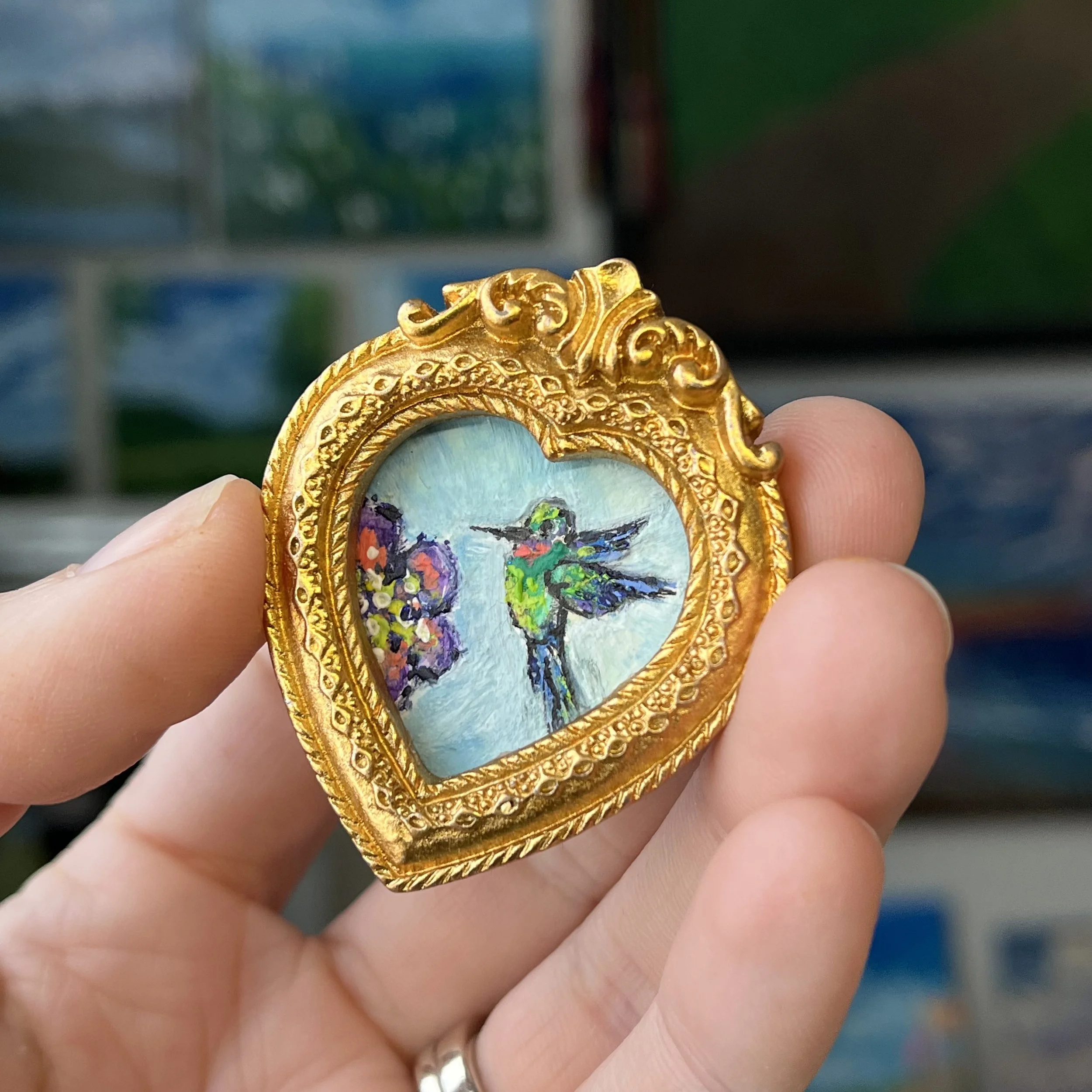 Purple Flower Hummingbird Mini Framed Art Magnet