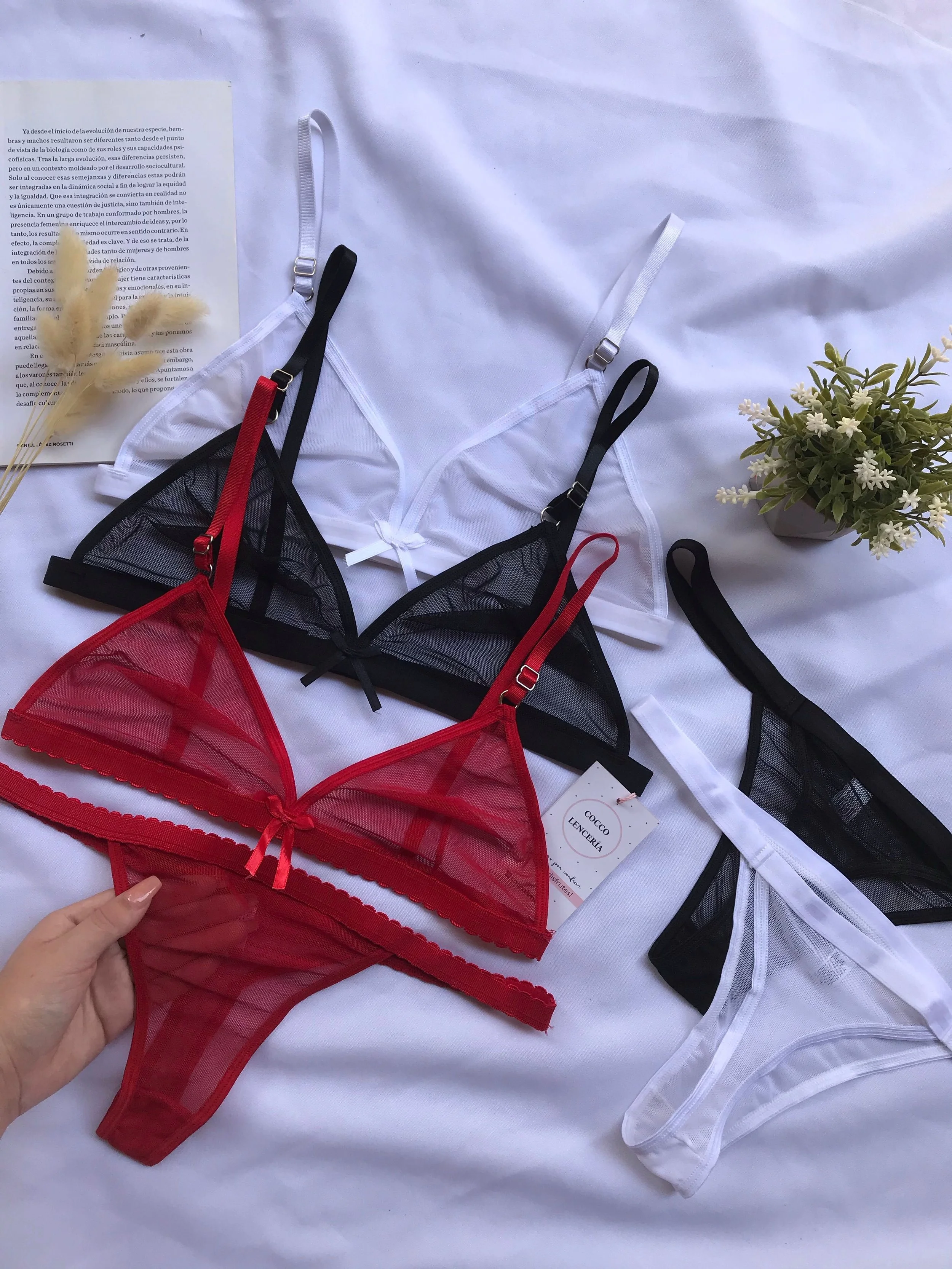 Red, black, and white mesh lingerie bras on a white background with a small potted plant, a book, and a hand holding the red bra.