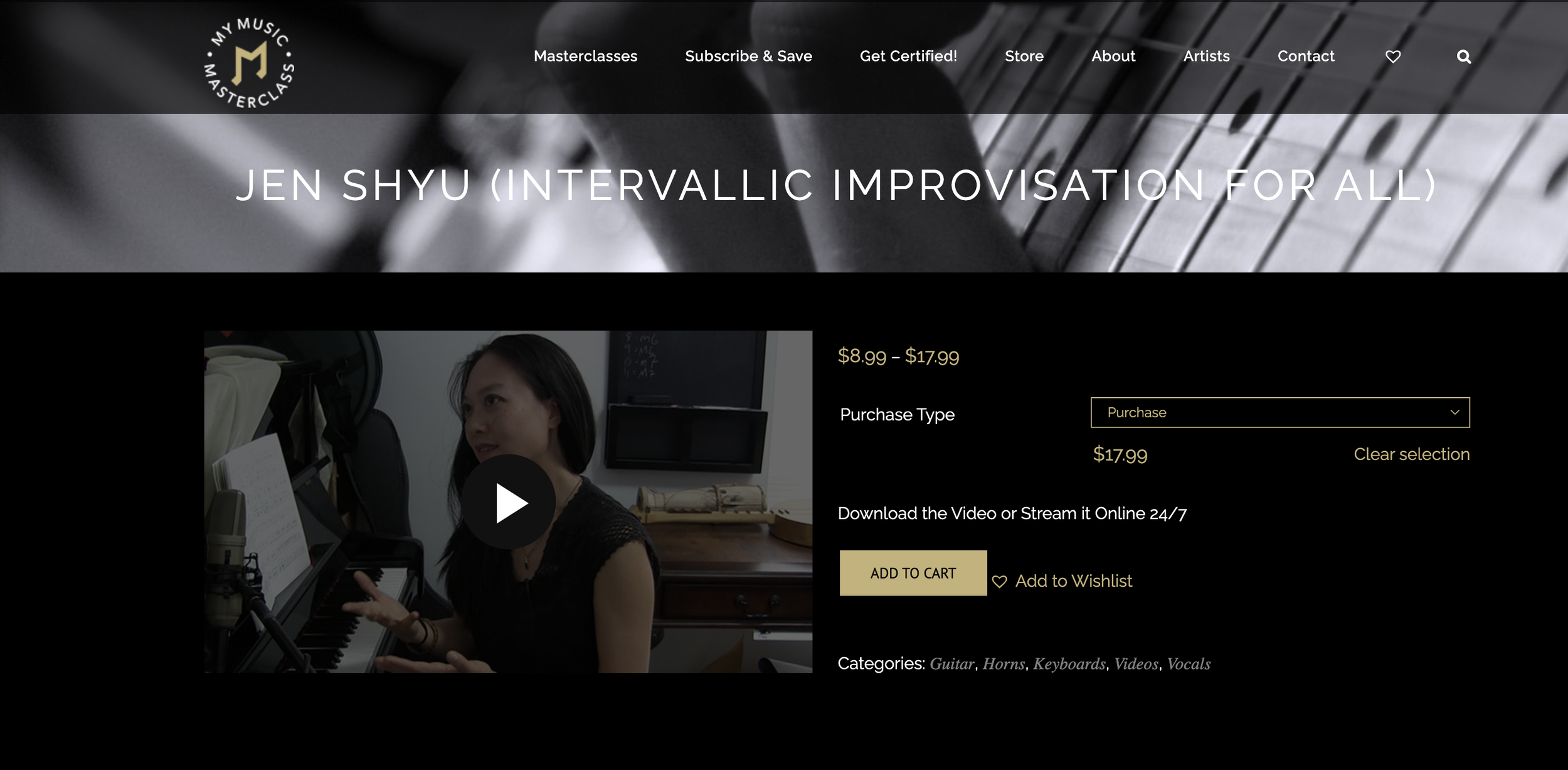 Screenshot of a website featuring Jen Shyu's music masterclass, with a black and gray color scheme, navigation menu, a video thumbnail of a woman playing piano, and purchase options.