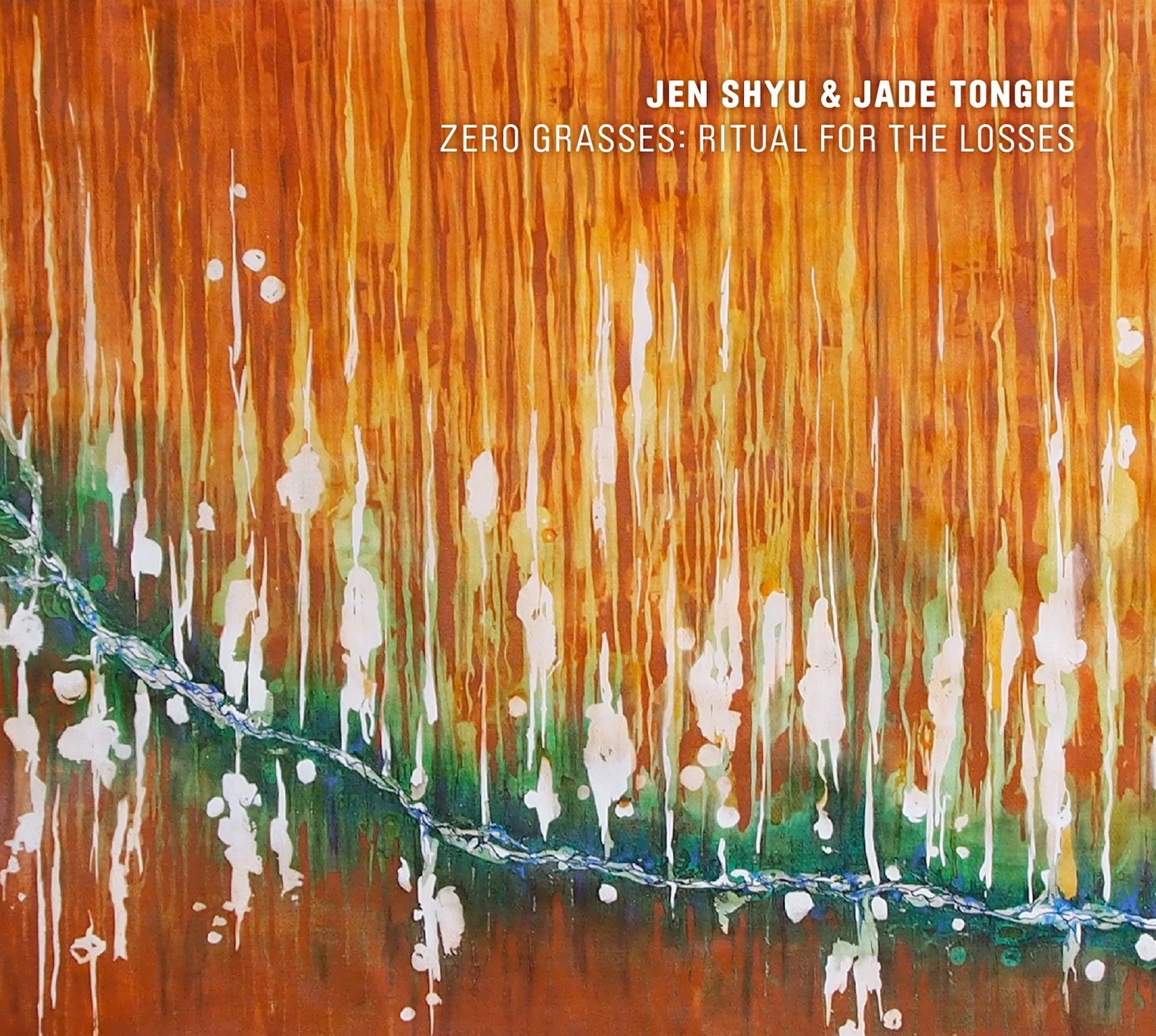 An abstract painting with vertical orange and yellow drips, white paint splatters, and a diagonal streak of blue and green hues.