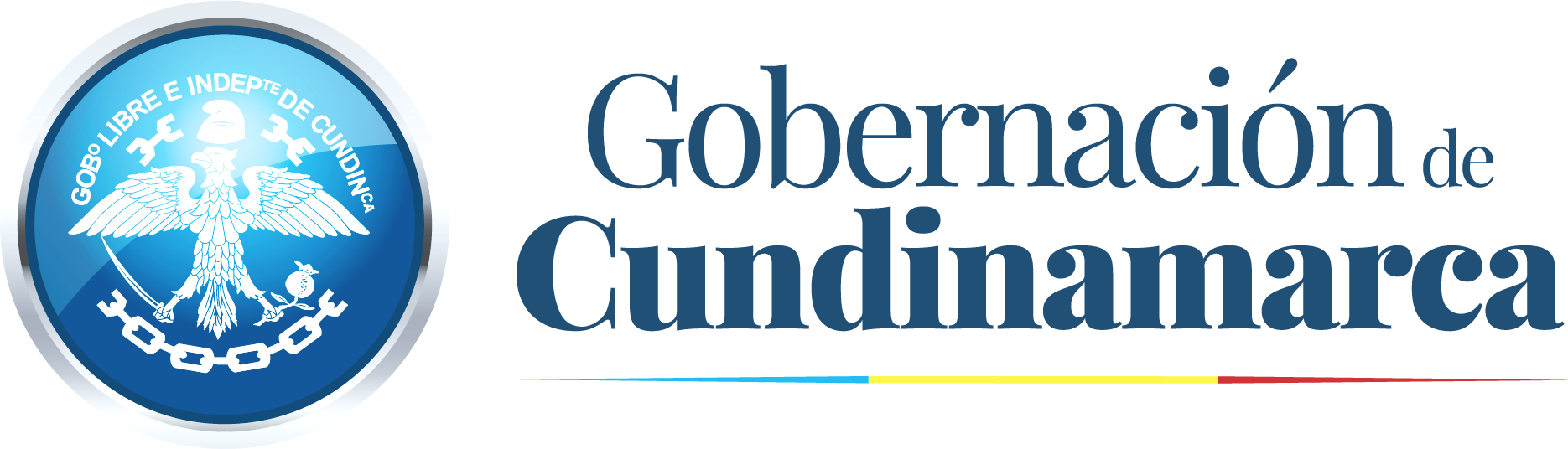 Logotipo del gobierno libre de Cundinamarca con un escudo azul y una doncella con alas, rodeada de engranajes y cadenas.