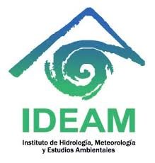 Logo del IDEAM con un diseño de casa y espiral, y el texto en verde 'IDEAM' que significa Instituto de Hidrología, Meteorología y Estudios Ambientales.