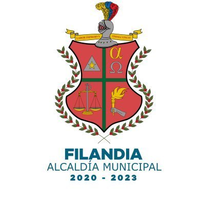 Escudo de armas de la alcaldía municipal de Filandia con símbolos representativos y la leyenda 'Filandia Alcaldía Municipal 2020-2023'.