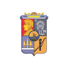 Escudo con un perfil de joven con cabello rubio, una máscara antigua, un cordón, el mapa de un continente, y árboles, en diferentes secciones del escudo.