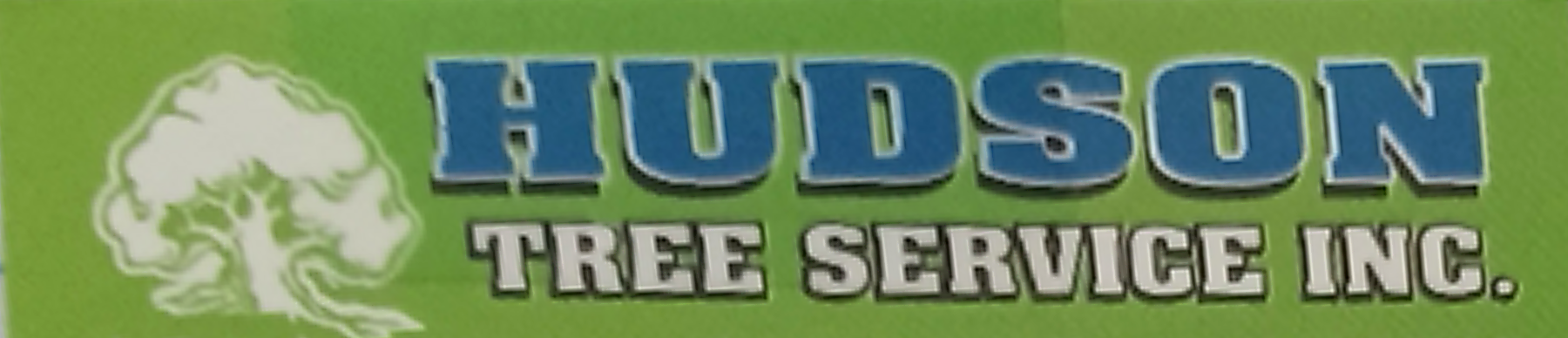 Green sign with blue and white text reading 'Hudson Tree Service Inc.' and a white tree logo.