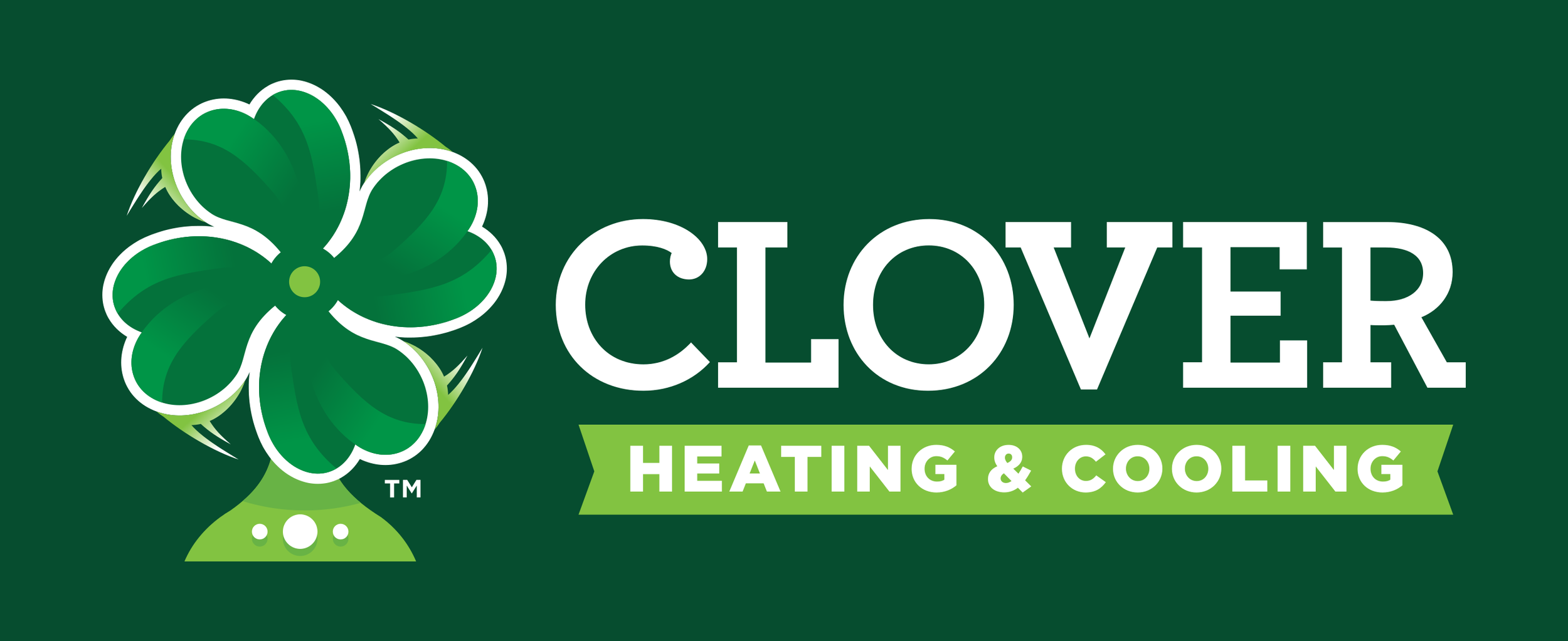 Logo of Clover Heating & Cooling featuring a stylized four-leaf clover and text in white and green.