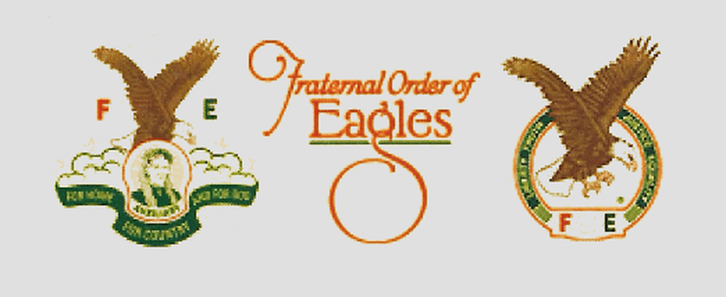 Logos of the Fraternal Order of Eagles featuring an eagle with wings spread, a portrait of a woman with a banner, and a circular emblem with an eagle.