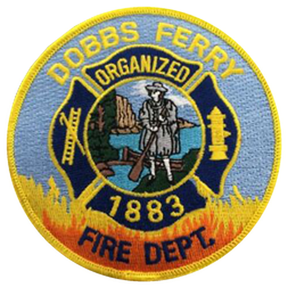 Patch of the Dobb's Ferry Fire Department, established in 1883, featuring a firefighter holding a rifle, with a background of trees, water, and mountains, and fire flames at the bottom.