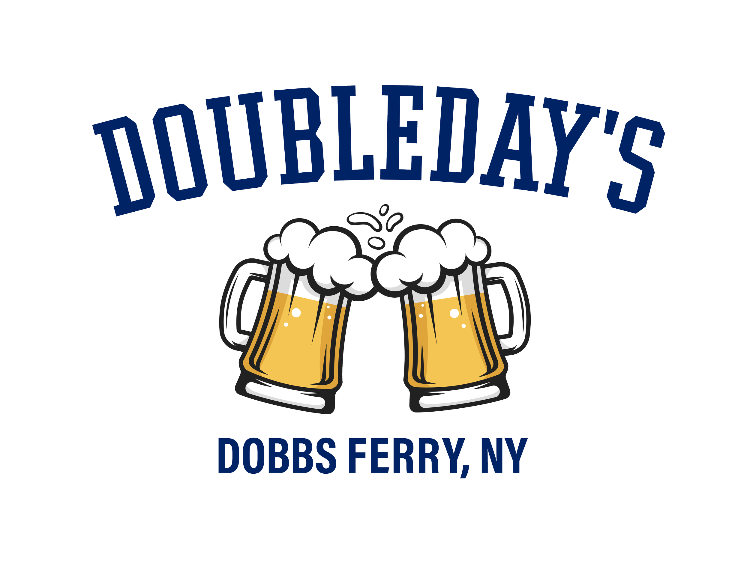 Logo for Dobbs Ferry, NY, featuring a stylized beer mug with foam at the top and the town's name in bold blue letters above.