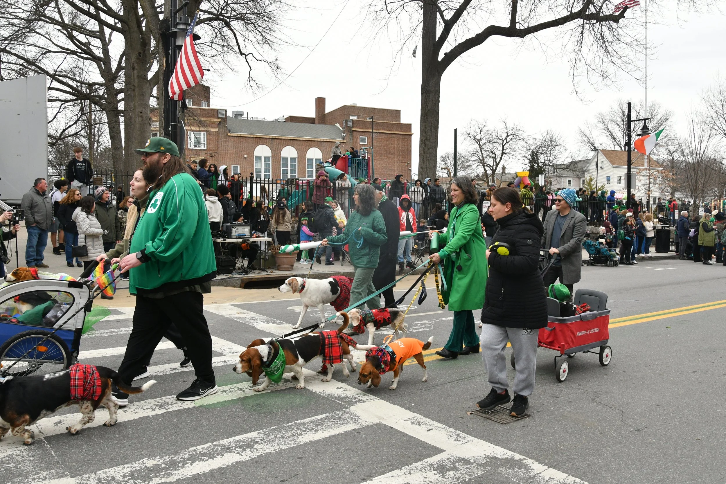 People walking dogs across a street during a parade or festival, with children on a playground in the background and an American flag flying on a pole.