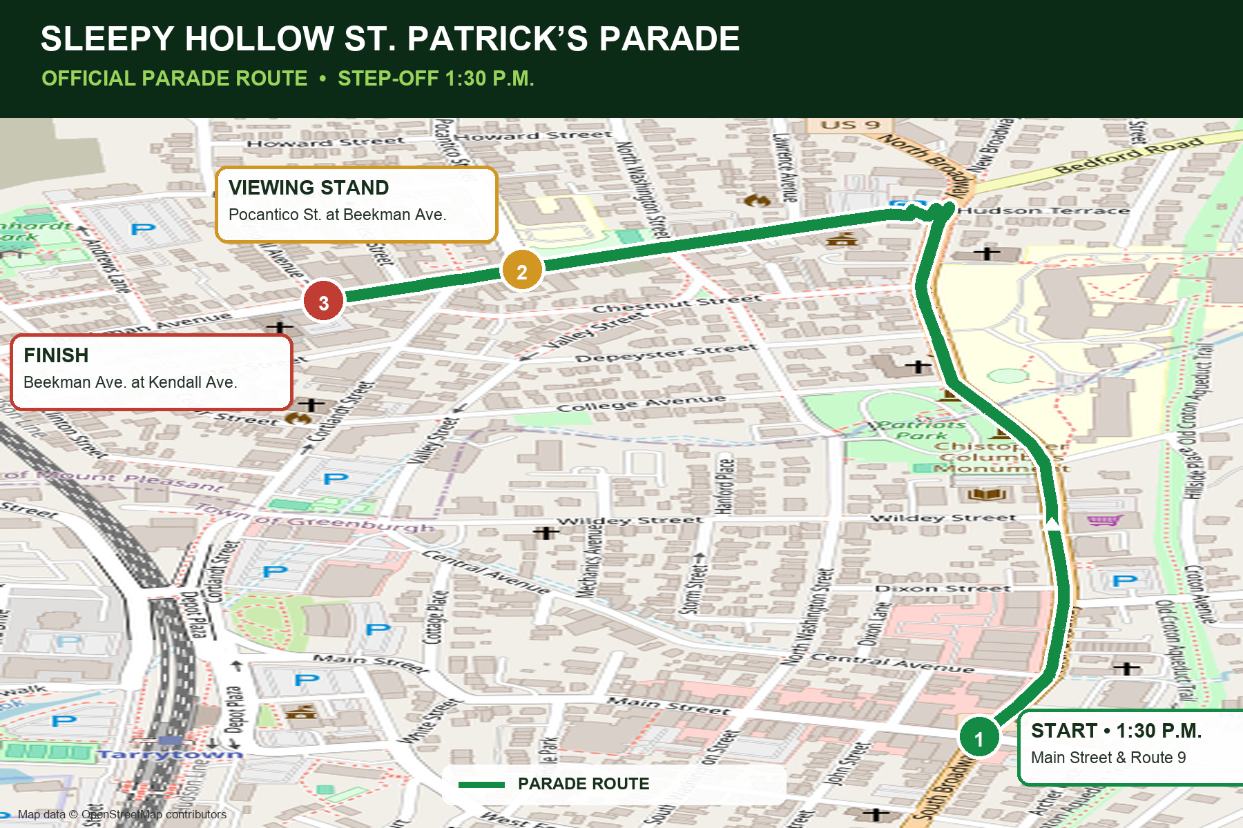 Map of a St. Patrick's Day parade route on Sleepy Hollow Street, showing start point at Main Street and Route 9 at 1:30 PM, with a viewing stand on Pocantico Street at Beekman Avenue, and an end point at Beekman Avenue and Kendall Avenue. The parade route is marked in green.