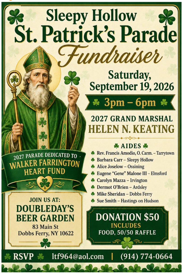 Sleepy Hollow St. Patrick’s Parade fundraiser flyer for September 19, 2026 at Doubleday’s Beer Garden.